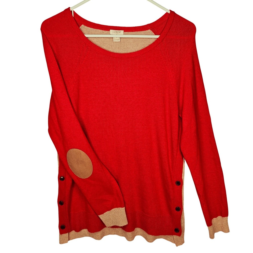 J Crew Women's Red Tan Medium Colorblock Elbow Patch Sweater Valentines Holiday